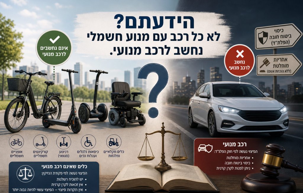 אינפוגרפיקה: אילו כלים חשמליים נחשבים רכב מנועי לפי חוק הפלת"ד ואילו מוחרגים — אופניים, קורקינט, סגוואי, כיסא גלגלים מול רכב